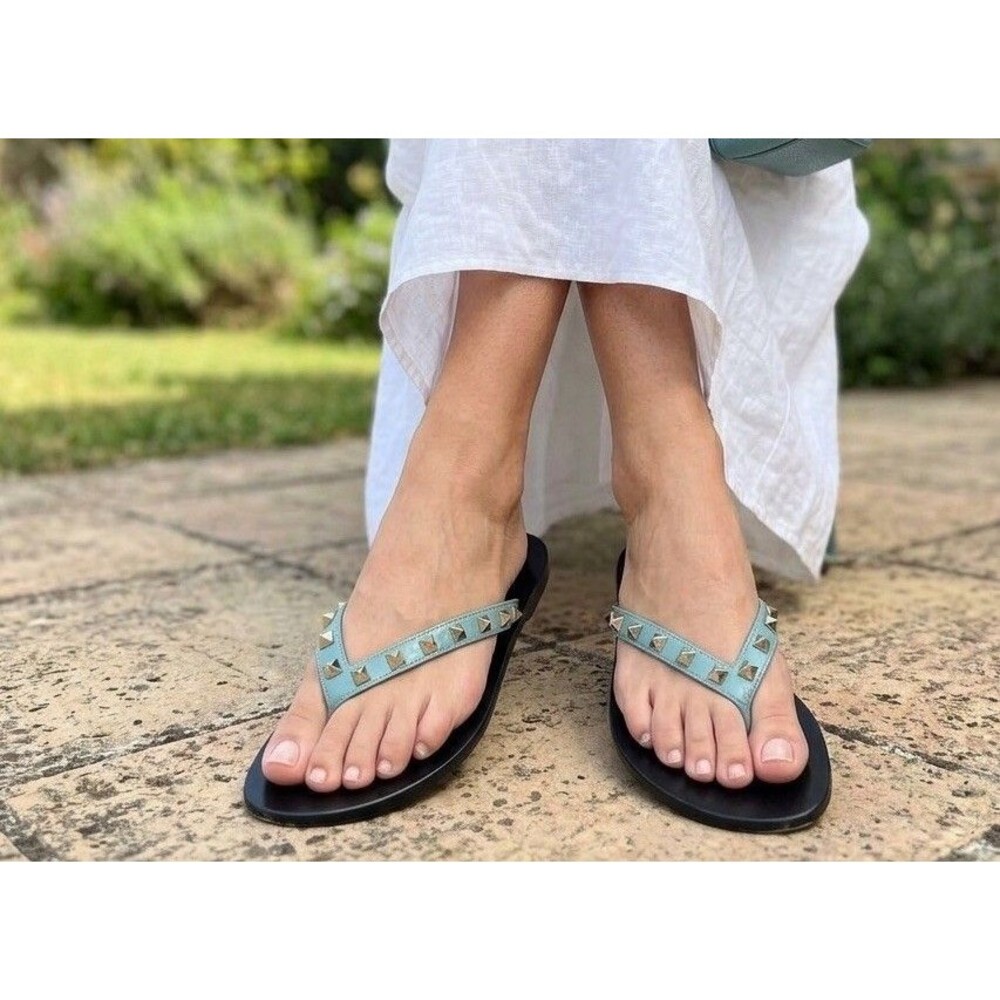 Valentino Rockstud Green Stud Black Leather Thong Sandal Flat Flip Flop 38